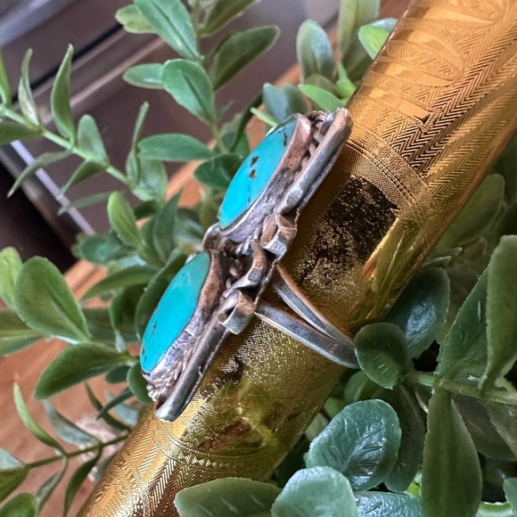 Vintage Sterling Silver Turquoise Double Stone Knuckle Buster Ring NA Size: 8 - Picture 6 of 10